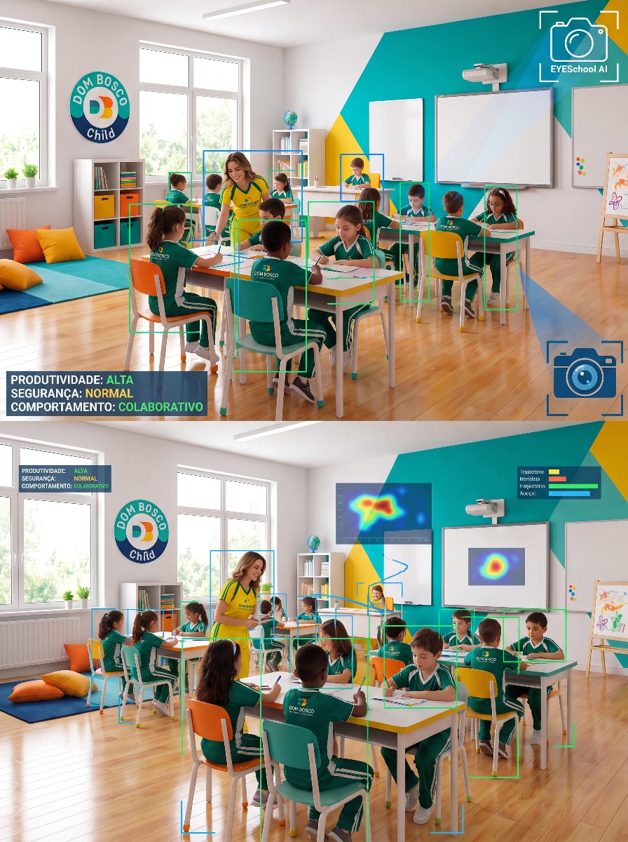 Comparação entre a sala vista pela câmera e a mesma sala com trajetórias e mapas de calor