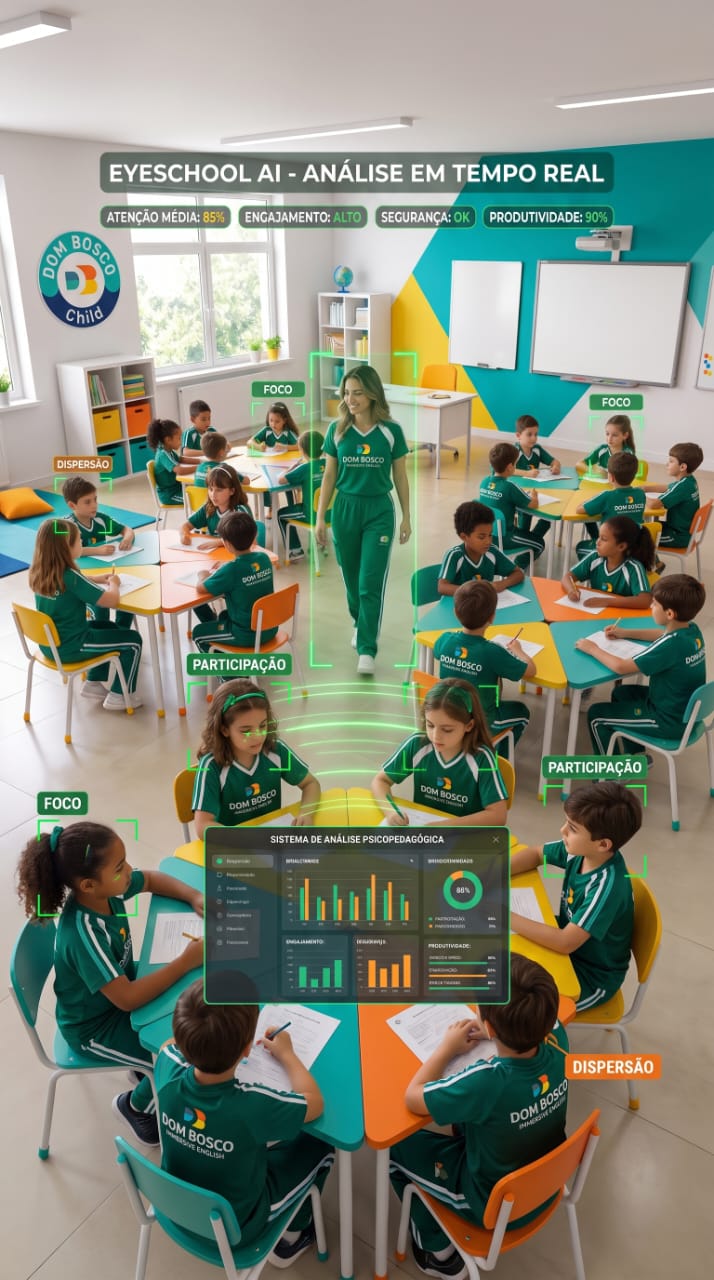 Sala de aula com leitura de participação, foco e dispersão por mesa