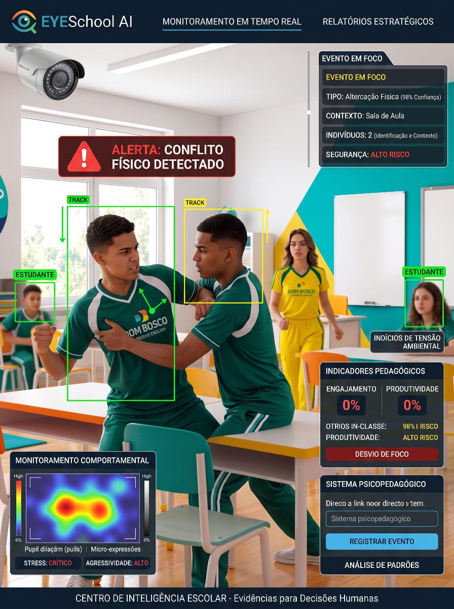 Alerta de conflito físico detectado em sala com indicadores e opção de registrar evento